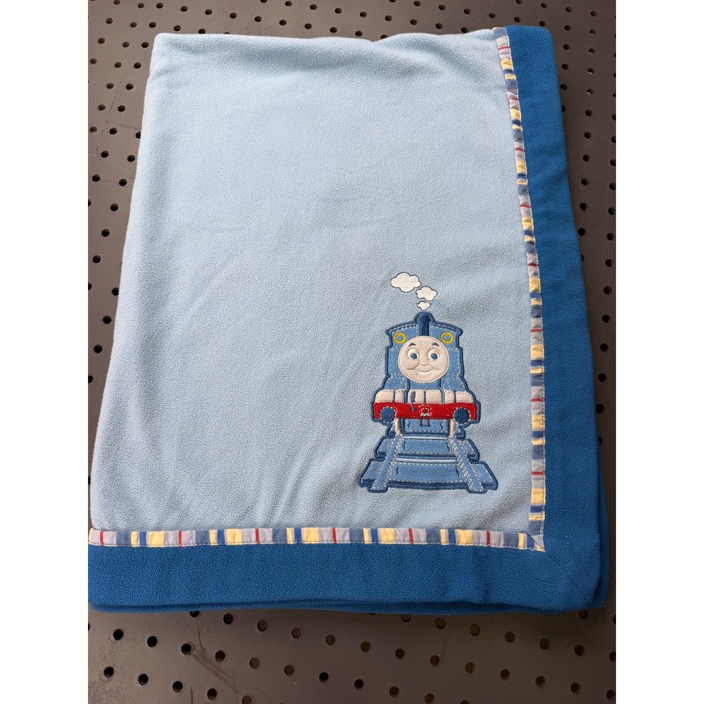 Thomas & Friends Fleece Baby Blanket Blue Embroidered Train Stroller Throw 38x29